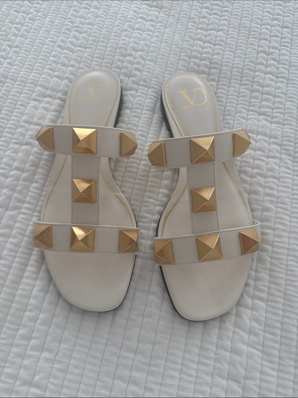 Valentino Garavani Cream Leather Rockstud Double-Strap Slide Sandals